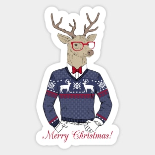 Hand Drawn Vector Illustration of Deer Hipster in Jacquard Sweater Sticker